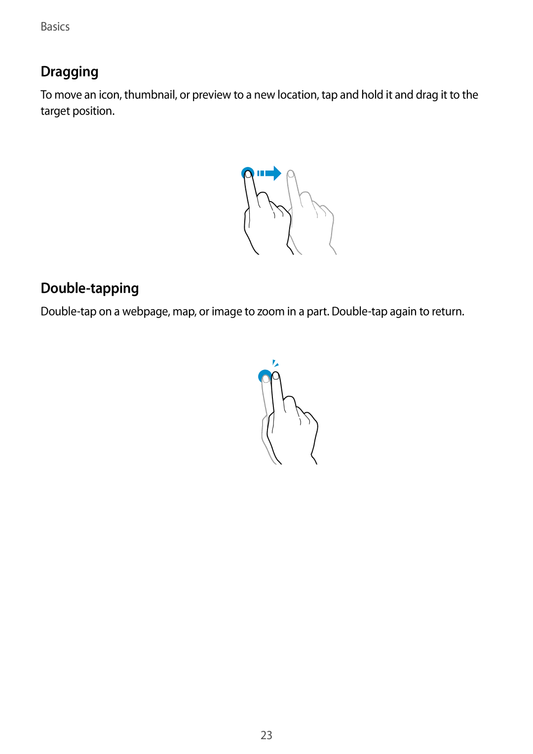 Samsung GT-I8190RWNOMN, GT-I8190RWNDTM, GT-I8190RWNDBT, GT-I8190RWATPH, GT-I8190MBNTPL manual Dragging, Double-tapping 