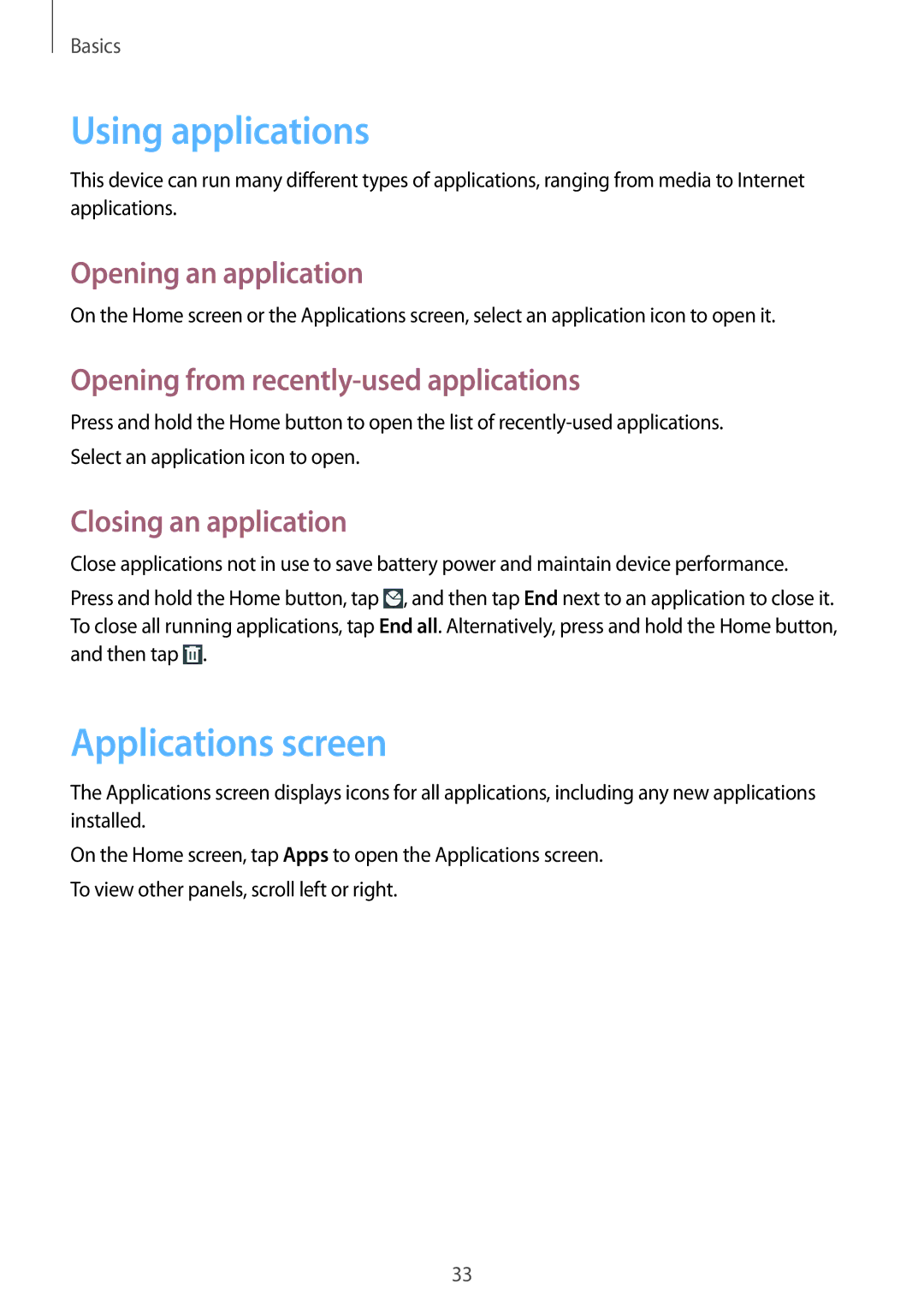 Samsung GT-I8190MBATCL manual Using applications, Applications screen, Opening an application, Closing an application 