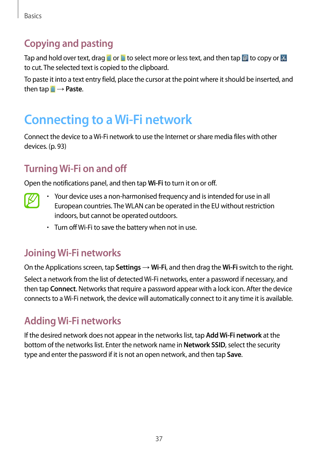 Samsung GT-I8190RWADTM Connecting to a Wi-Fi network, Copying and pasting, Turning Wi-Fi on and off, Adding Wi-Fi networks 