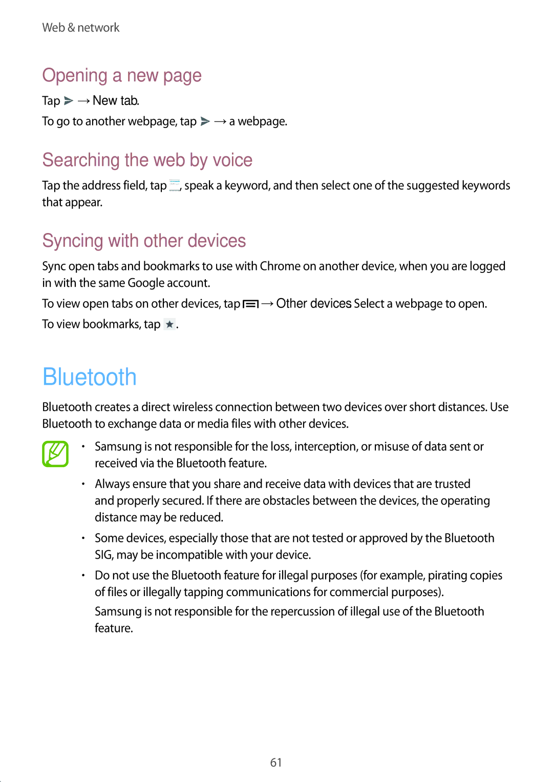 Samsung GT-I8190MBAFTM manual Bluetooth, Syncing with other devices, Tap →New tab, To go to another webpage, tap →a webpage 