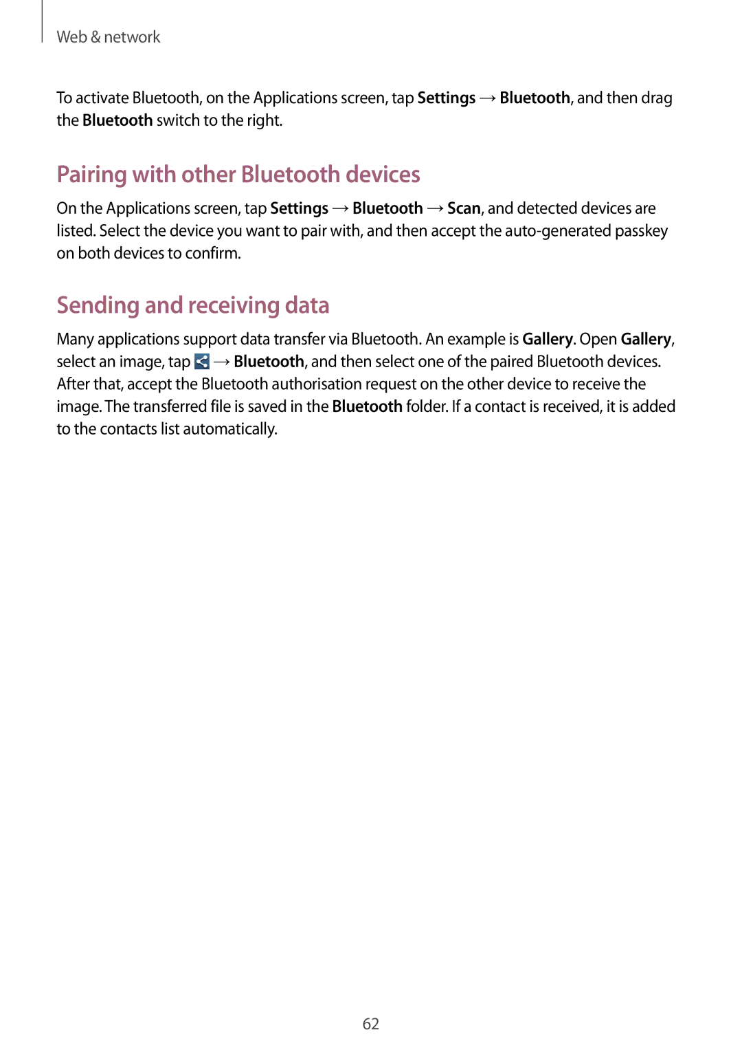 Samsung GT-I8190MBABOG, GT-I8190RWNDTM, GT-I8190RWNDBT Pairing with other Bluetooth devices, Sending and receiving data 