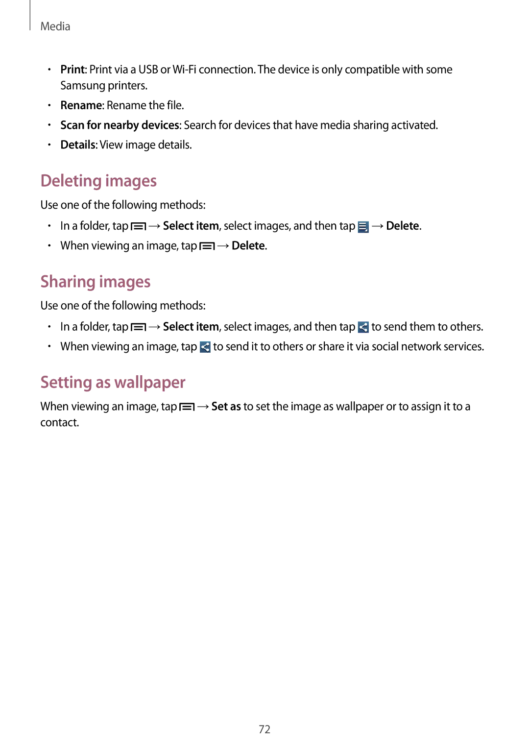 Samsung GT-I8190RWAWIN manual Deleting images, Sharing images, Setting as wallpaper, Use one of the following methods 