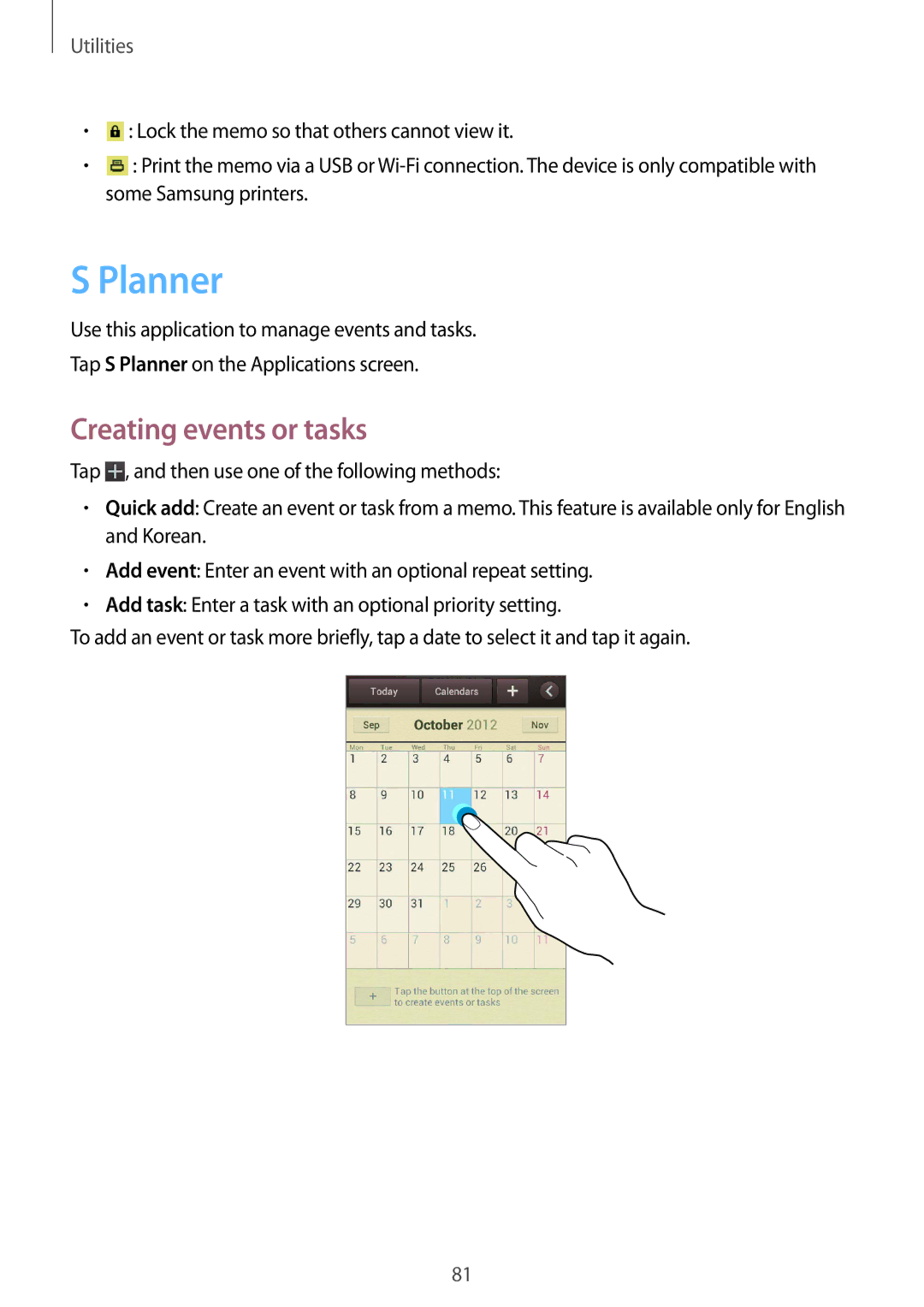 Samsung GT-I8190OKNAUT, GT-I8190RWNDTM, GT-I8190RWNDBT, GT-I8190RWATPH, GT-I8190MBNTPL manual Planner, Creating events or tasks 