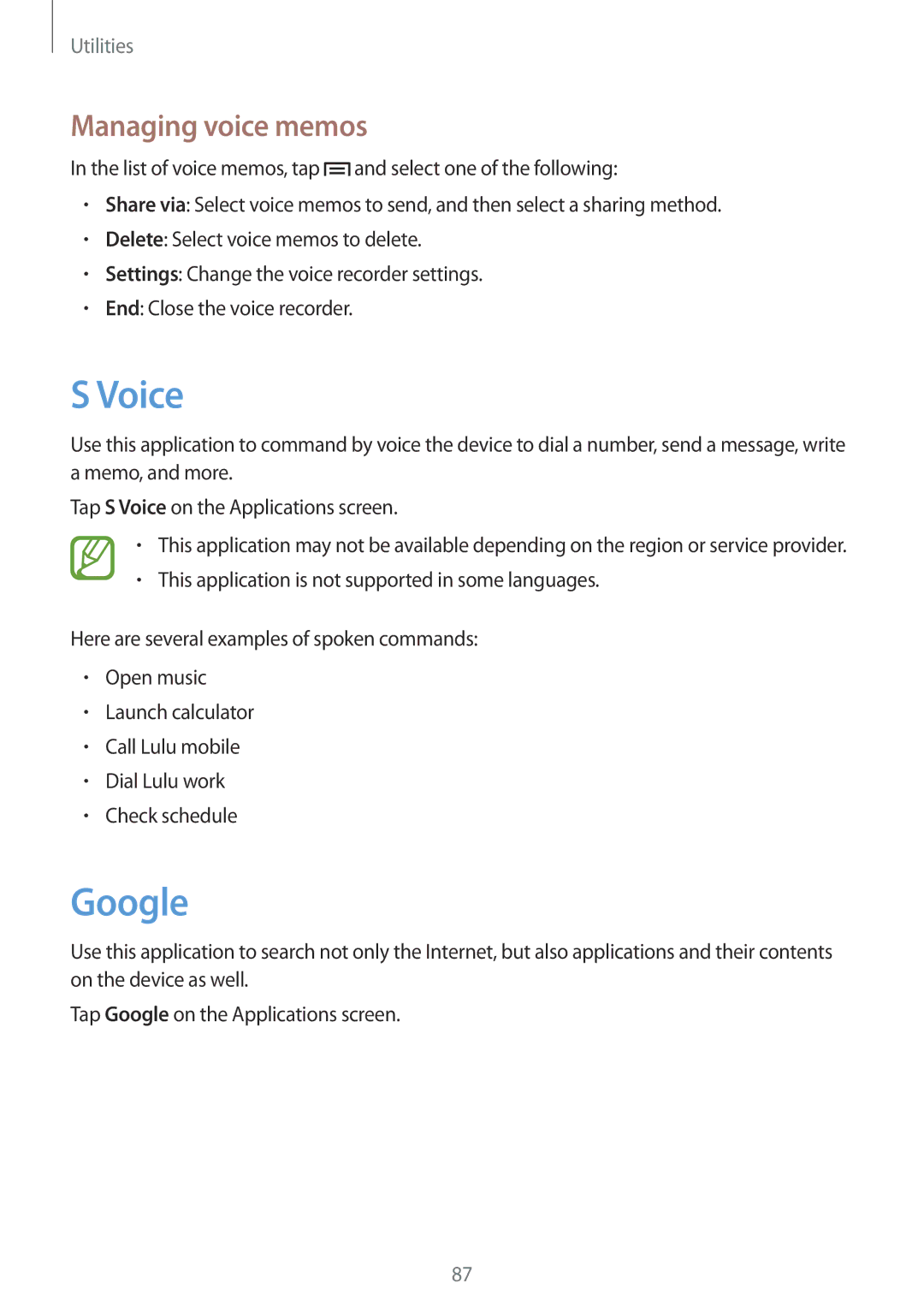 Samsung GT-I8190RWNBTU, GT-I8190RWNDTM, GT-I8190RWNDBT, GT-I8190RWATPH, GT-I8190MBNTPL Voice, Google, Managing voice memos 