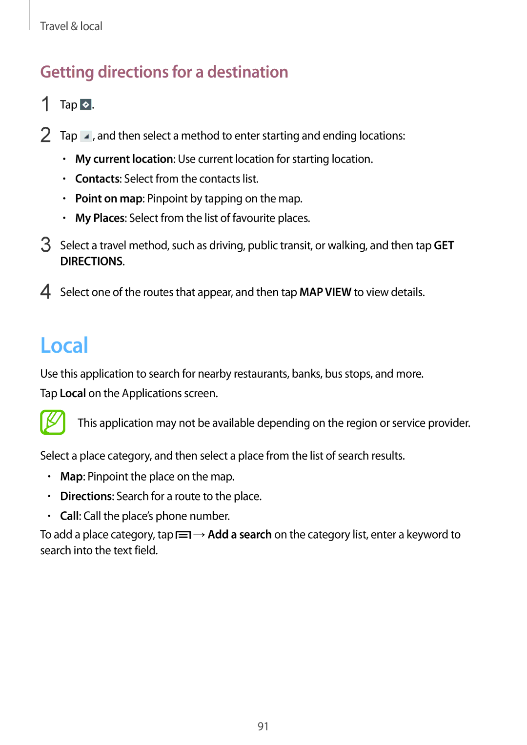 Samsung GT-I8190MBNATL, GT-I8190RWNDTM, GT-I8190RWNDBT, GT-I8190RWATPH manual Local, Getting directions for a destination 