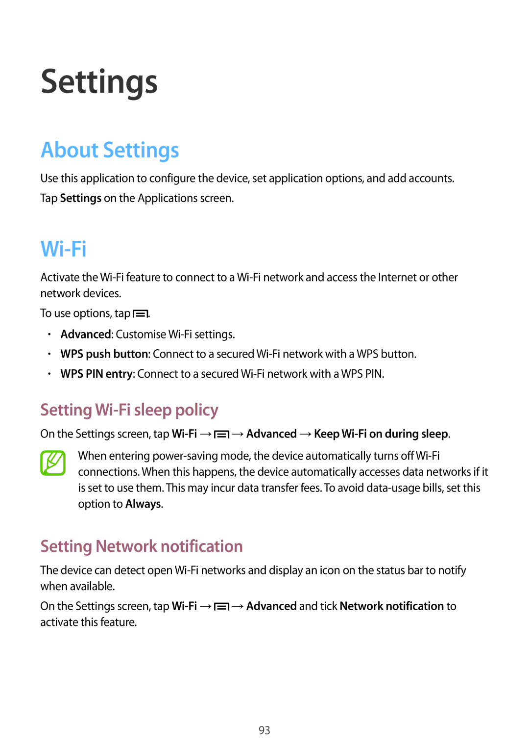 Samsung GT-I8190MBAXEC, GT-I8190RWNDTM About Settings, Setting Wi-Fi sleep policy, Setting Network notification 