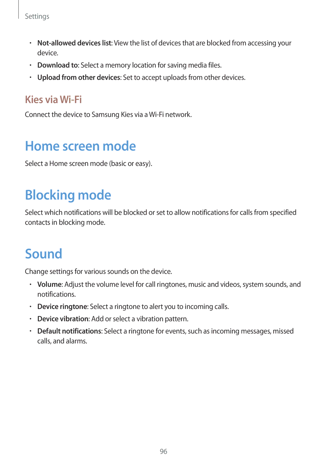 Samsung GT-I8190MBAVVT, GT-I8190RWNDTM, GT-I8190RWNDBT manual Home screen mode, Blocking mode, Sound, Kies via Wi-Fi 