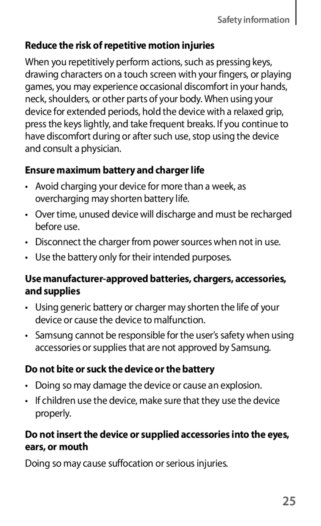 Samsung GT-I8190ZNATUR manual Reduce the risk of repetitive motion injuries, Ensure maximum battery and charger life 