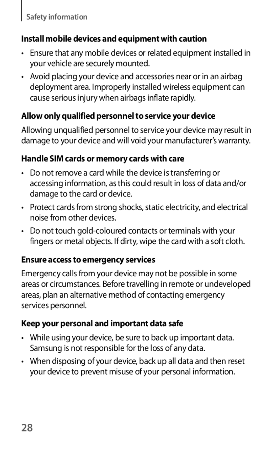 Samsung GT-I8190MBAEUR manual Install mobile devices and equipment with caution, Handle SIM cards or memory cards with care 