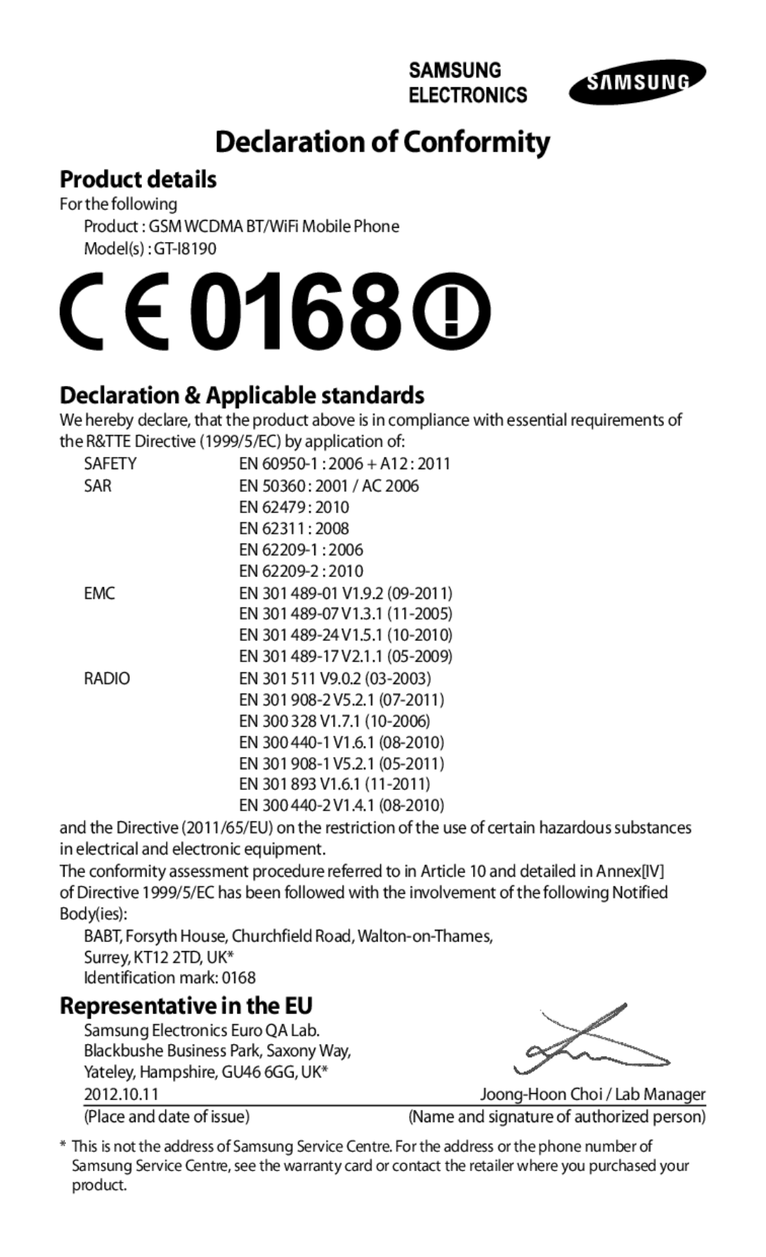 Samsung GT-I8190MBAOPT, GT-I8190RWNDTM manual Product details, Declaration & Applicable standards, Representative in the EU 