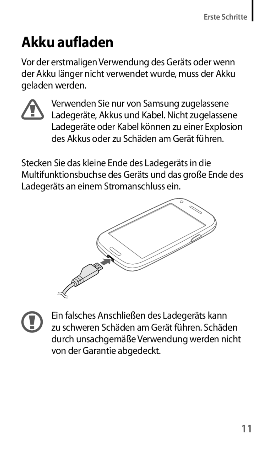 Samsung GT-I8190MBADBT, GT-I8190RWNDTM, GT-I8190RWNDBT, GT-I8190RWATPH, GT-I8190MBNTPL, GT-I8190OKADBT manual Akku aufladen 