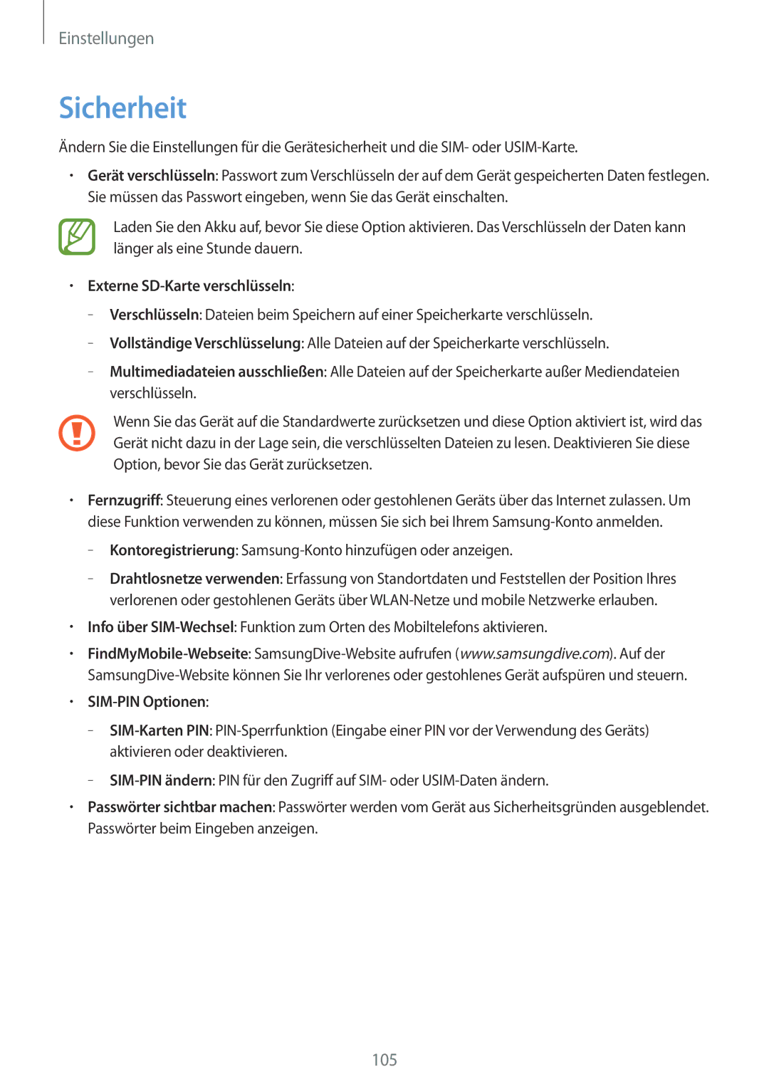 Samsung GT-I8190TAATUR, GT-I8190RWNDTM, GT-I8190RWNDBT manual Sicherheit, Externe SD-Karte verschlüsseln, SIM-PIN Optionen 