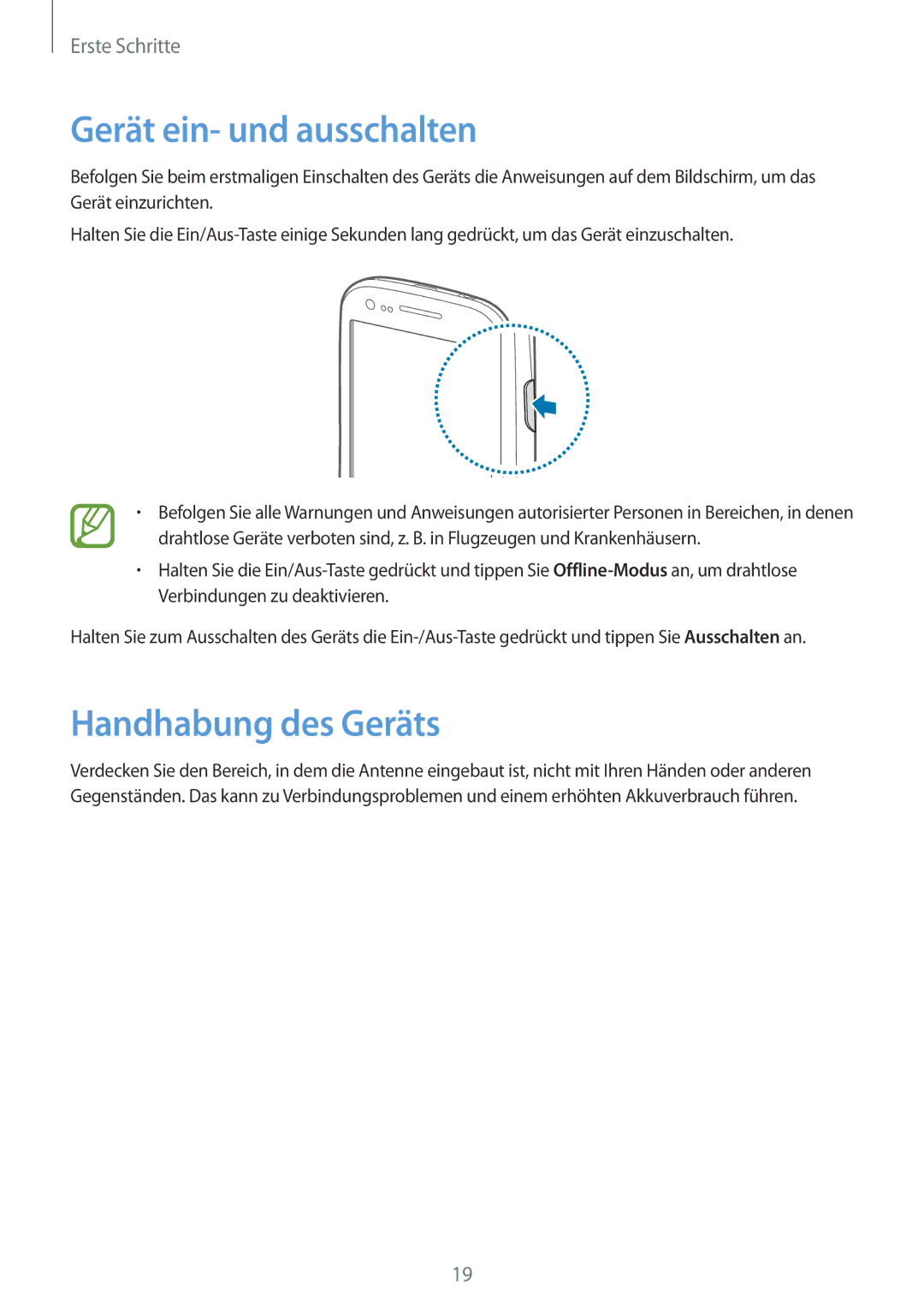 Samsung GT-I8190MBAVDR, GT-I8190RWNDTM, GT-I8190RWNDBT, GT-I8190RWATPH Gerät ein- und ausschalten, Handhabung des Geräts 