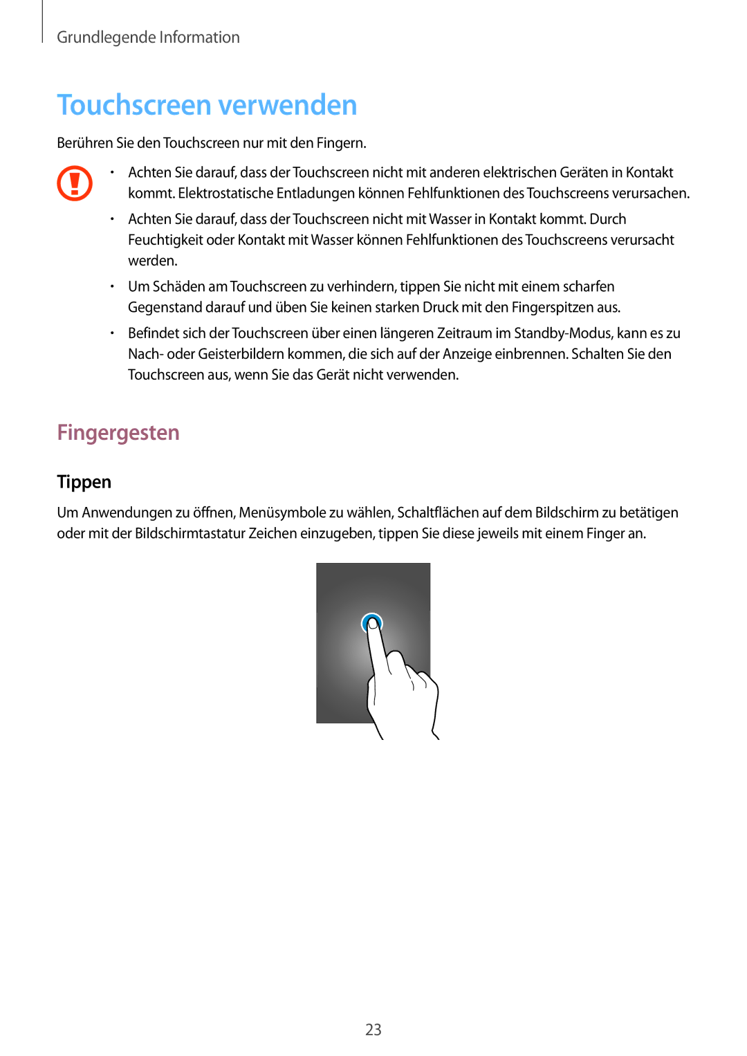 Samsung GT-I8190RWNOMN, GT-I8190RWNDTM, GT-I8190RWNDBT, GT-I8190RWATPH manual Touchscreen verwenden, Fingergesten, Tippen 