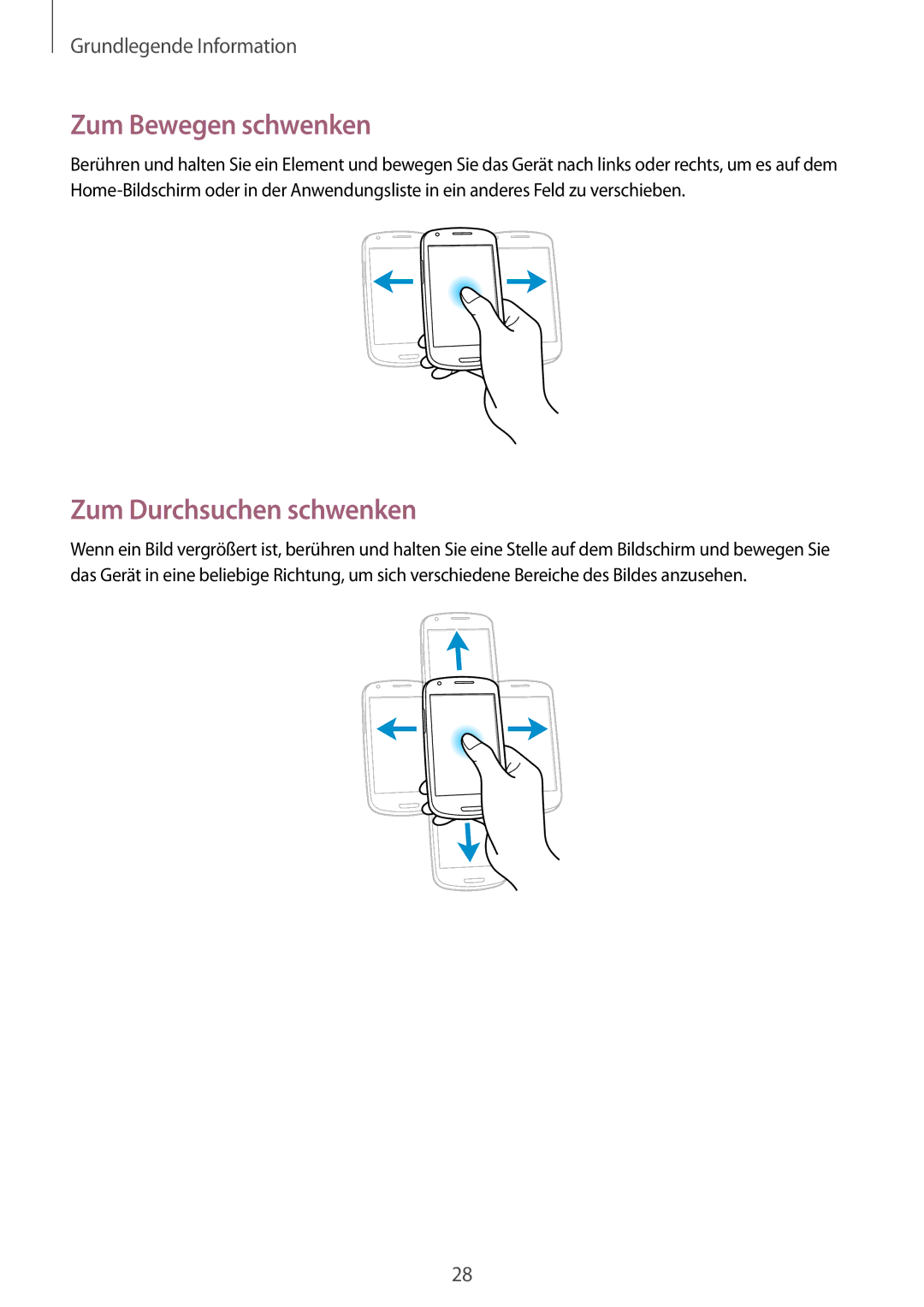 Samsung GT-I8190MBAEUR, GT-I8190RWNDTM, GT-I8190RWNDBT, GT-I8190RWATPH manual Zum Bewegen schwenken, Zum Durchsuchen schwenken 