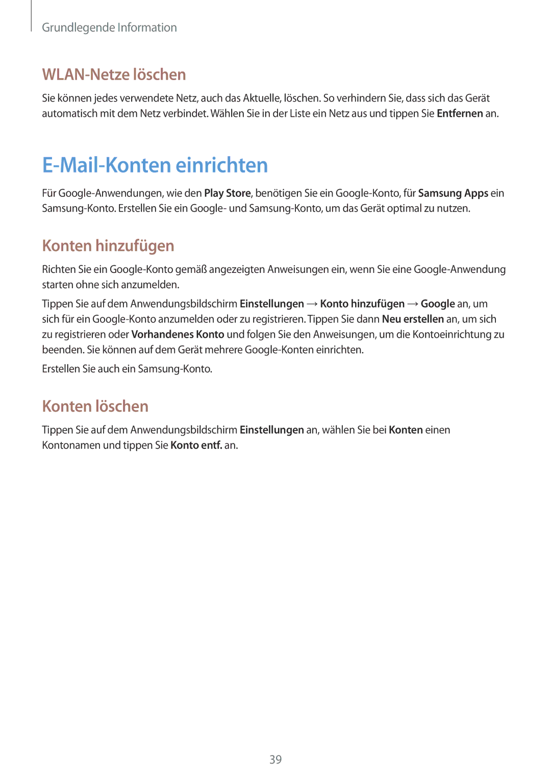 Samsung GT-I8190RWNVIT, GT-I8190RWNDTM manual Mail-Konten einrichten, WLAN-Netze löschen, Konten hinzufügen, Konten löschen 