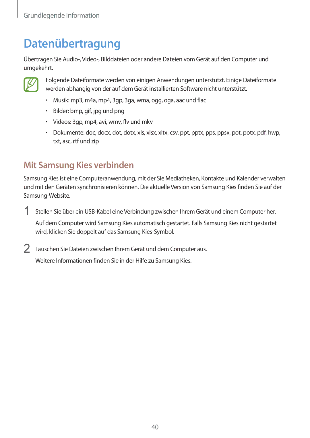 Samsung GT-I8190ZNADBT, GT-I8190RWNDTM, GT-I8190RWNDBT, GT-I8190RWATPH manual Datenübertragung, Mit Samsung Kies verbinden 