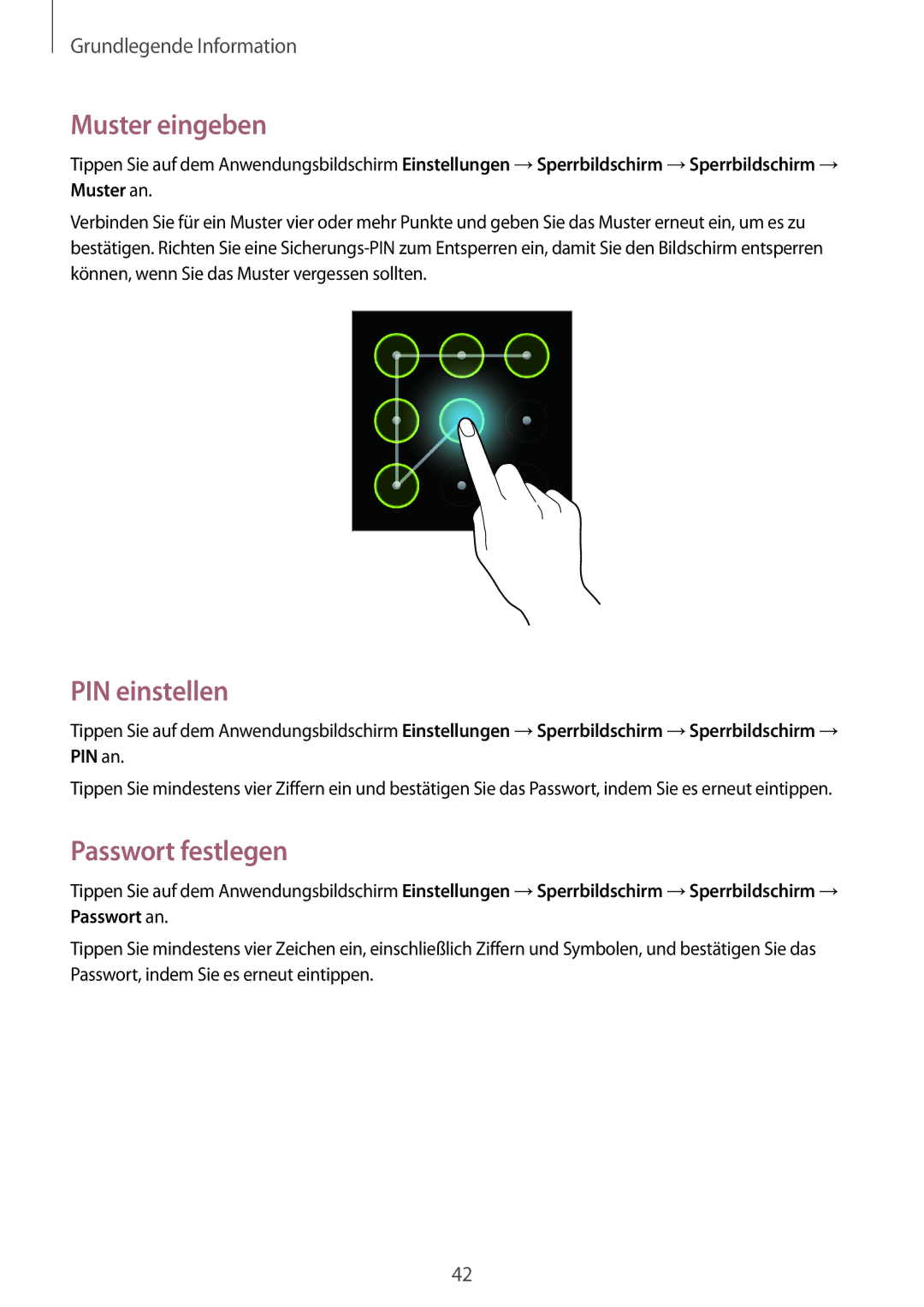 Samsung GT-I8190RWAOPT, GT-I8190RWNDTM, GT-I8190RWNDBT, GT-I8190RWATPH Muster eingeben, PIN einstellen, Passwort festlegen 