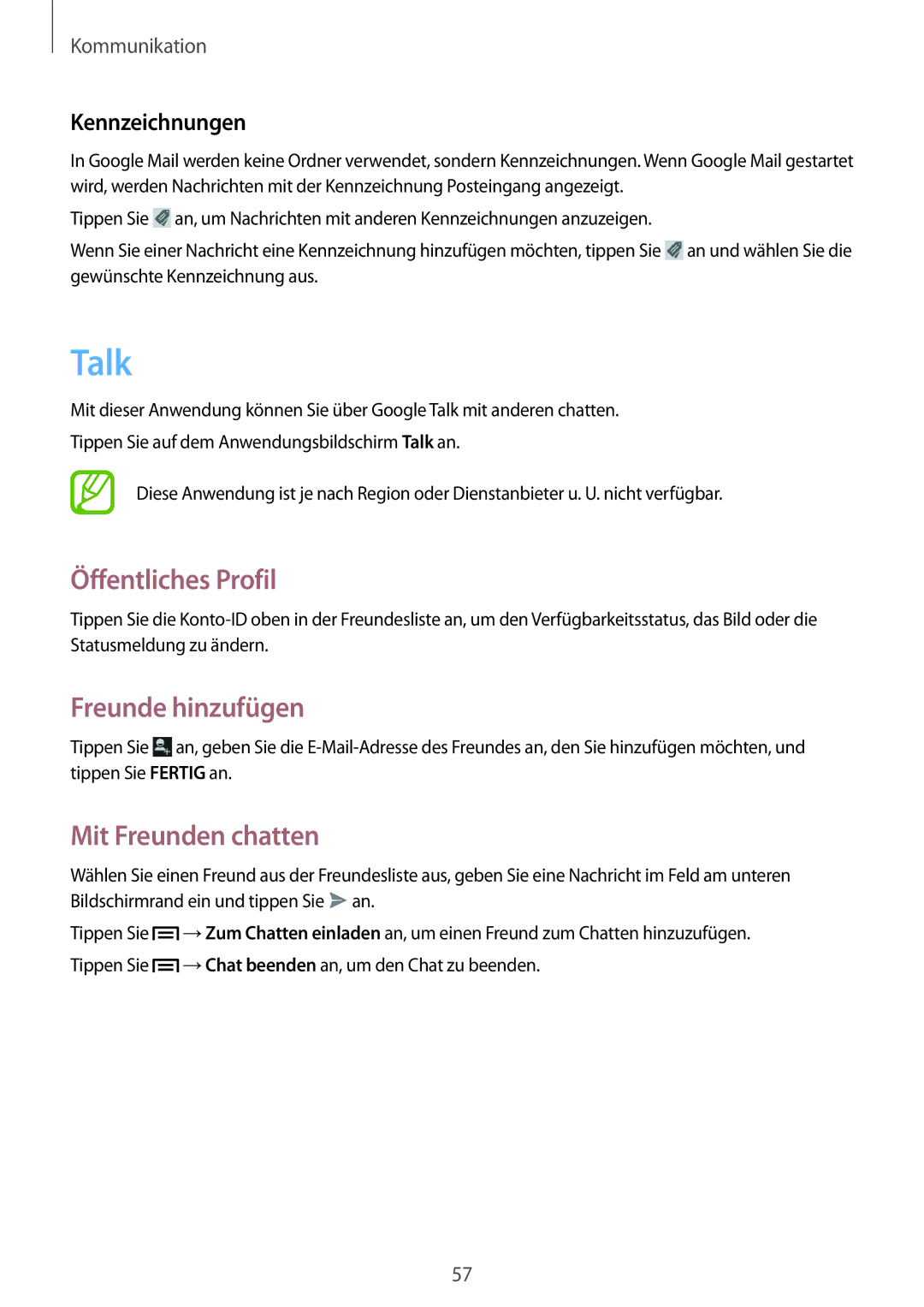 Samsung GT-I8190RWACOS manual Talk, Öffentliches Profil, Freunde hinzufügen, Mit Freunden chatten, Kennzeichnungen 