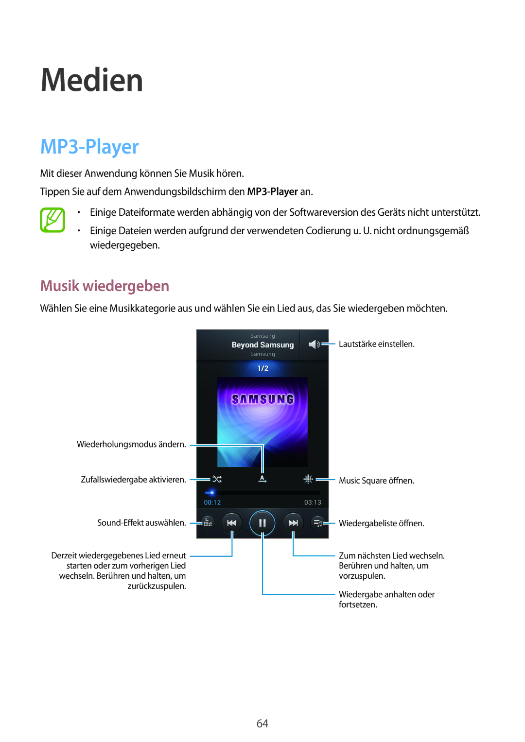 Samsung GT-I8190MBAHUI, GT-I8190RWNDTM, GT-I8190RWNDBT, GT-I8190RWATPH, GT-I8190MBNTPL Medien, MP3-Player, Musik wiedergeben 