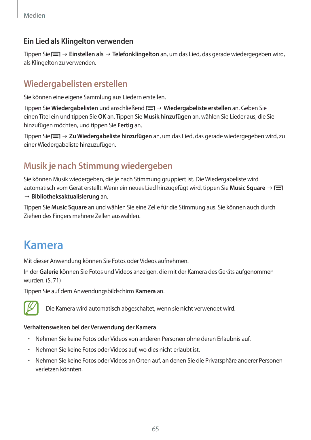 Samsung GT-I8190RWATUR, GT-I8190RWNDTM manual Kamera, Wiedergabelisten erstellen, Musik je nach Stimmung wiedergeben 