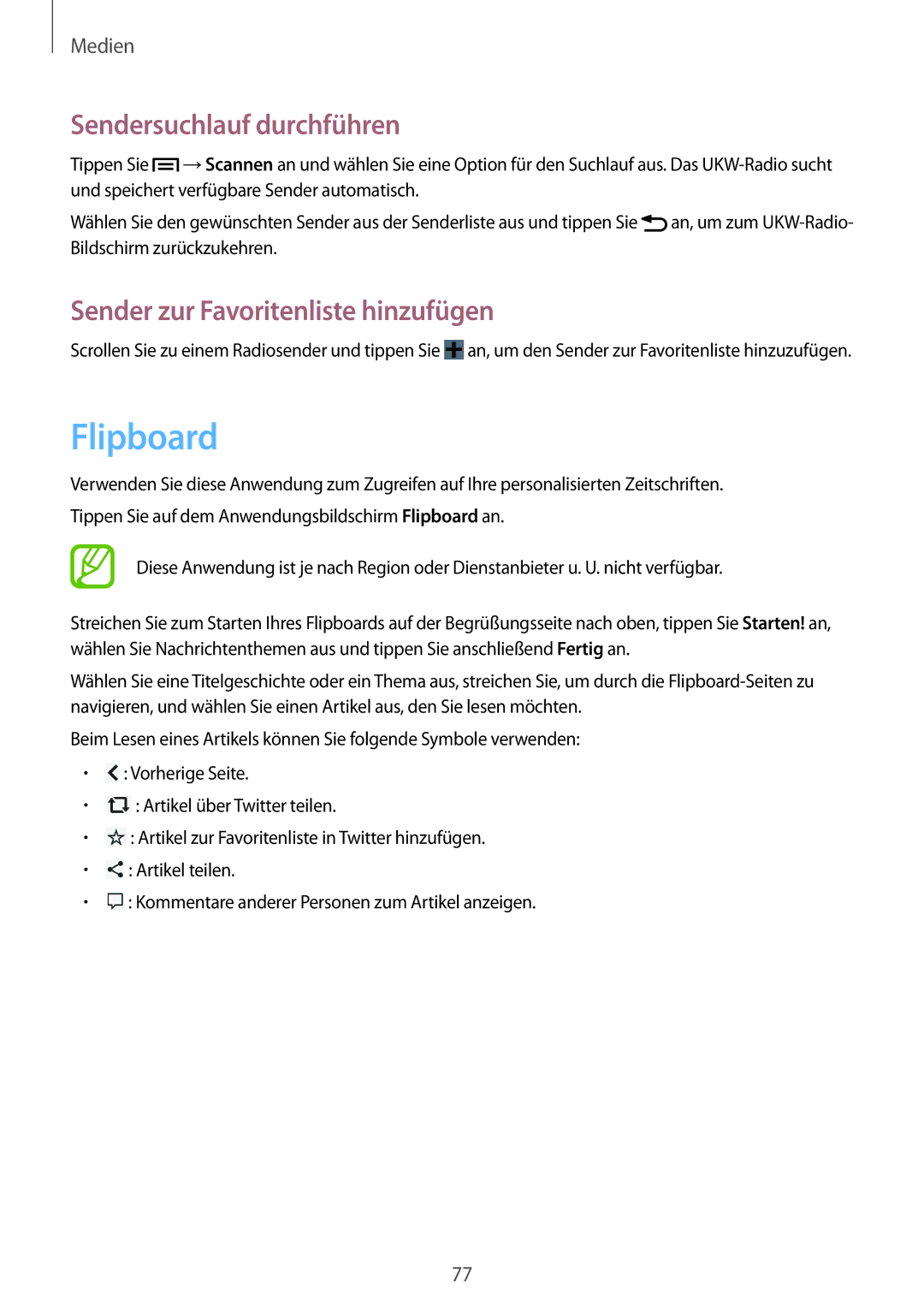 Samsung GT-I8190MBAEUR, GT-I8190RWNDTM manual Flipboard, Sendersuchlauf durchführen, Sender zur Favoritenliste hinzufügen 
