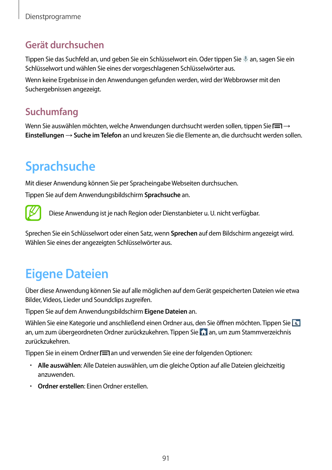 Samsung GT-I8190RWAOPT, GT-I8190RWNDTM, GT-I8190RWNDBT manual Sprachsuche, Eigene Dateien, Gerät durchsuchen, Suchumfang 