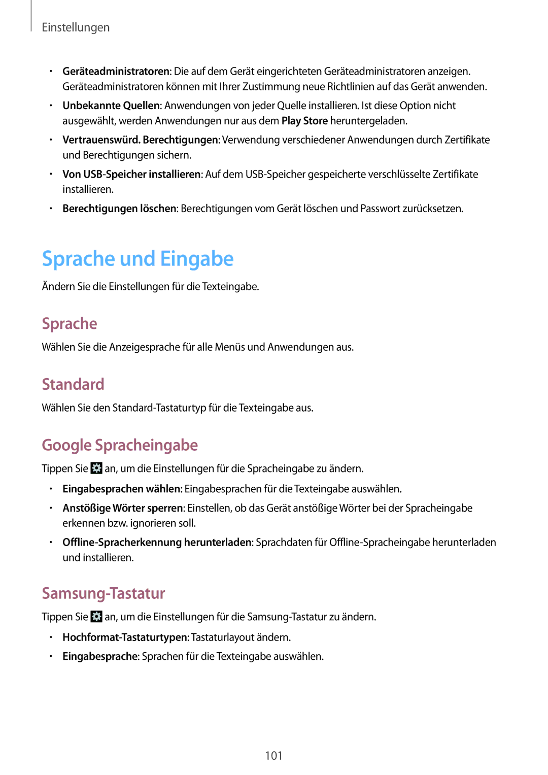 Samsung GT-I8190MBNTPL, GT-I8190RWNDTM manual Sprache und Eingabe, Standard, Google Spracheingabe, Samsung-Tastatur 