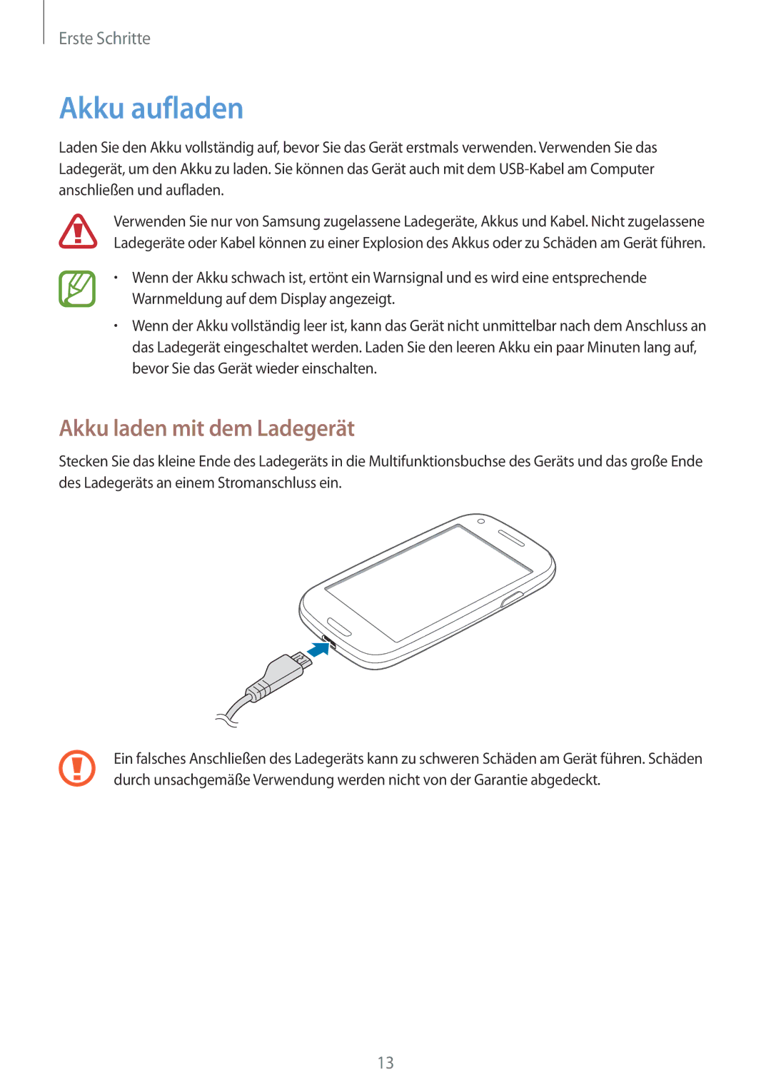 Samsung GT-I8190MBNDTM, GT-I8190RWNDTM, GT-I8190RWNDBT, GT-I8190RWATPH manual Akku aufladen, Akku laden mit dem Ladegerät 