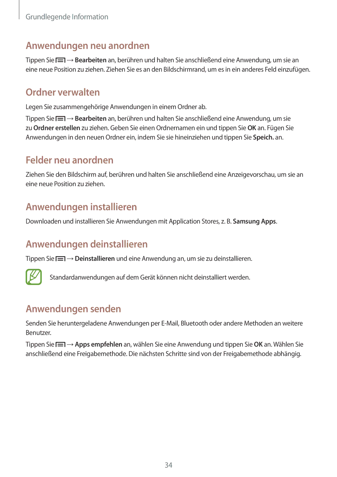Samsung GT-I8190MBAOPT Anwendungen neu anordnen, Ordner verwalten, Anwendungen installieren, Anwendungen deinstallieren 