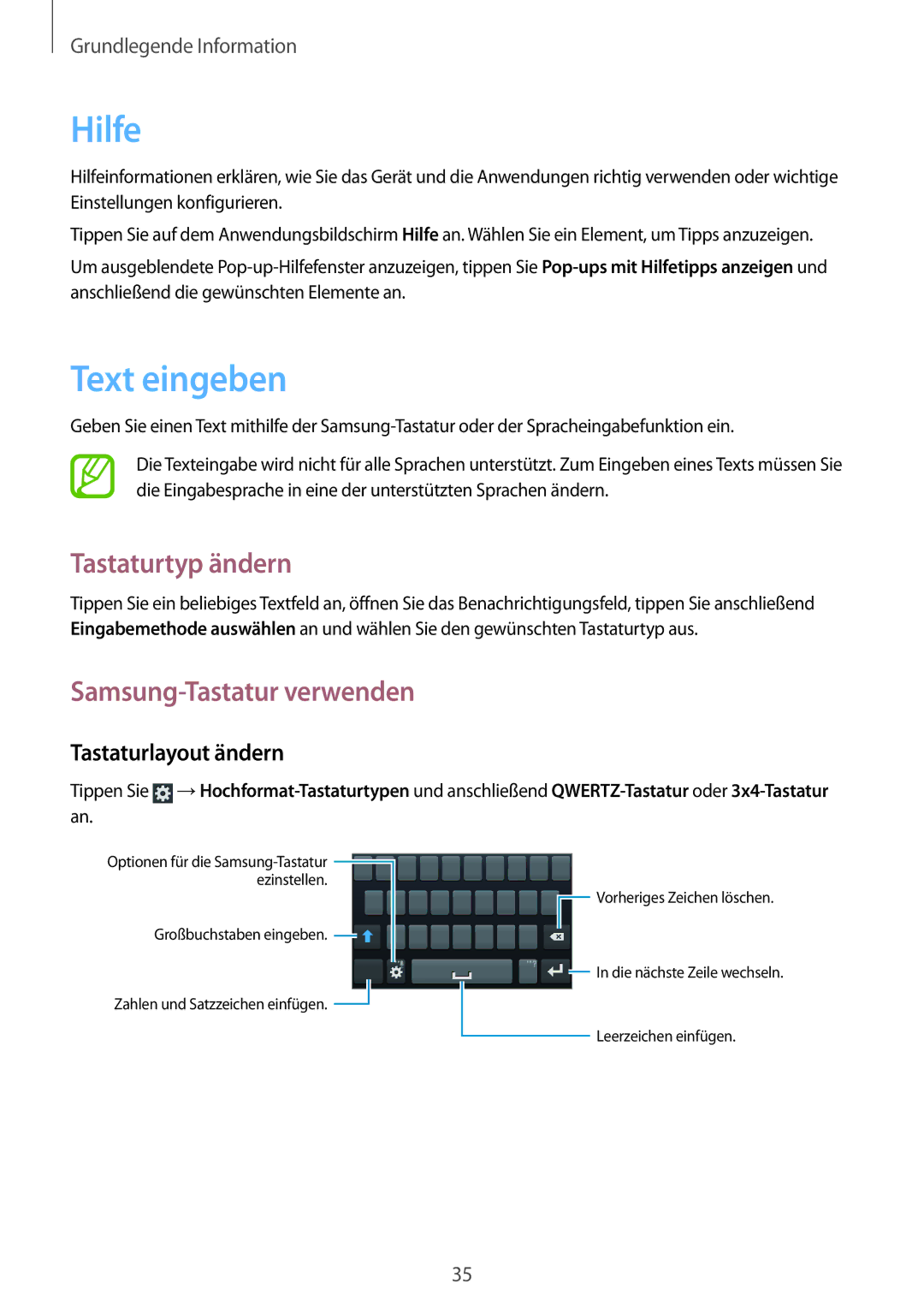 Samsung GT-I8190GRATUR manual Hilfe, Text eingeben, Tastaturtyp ändern, Samsung-Tastatur verwenden, Tastaturlayout ändern 