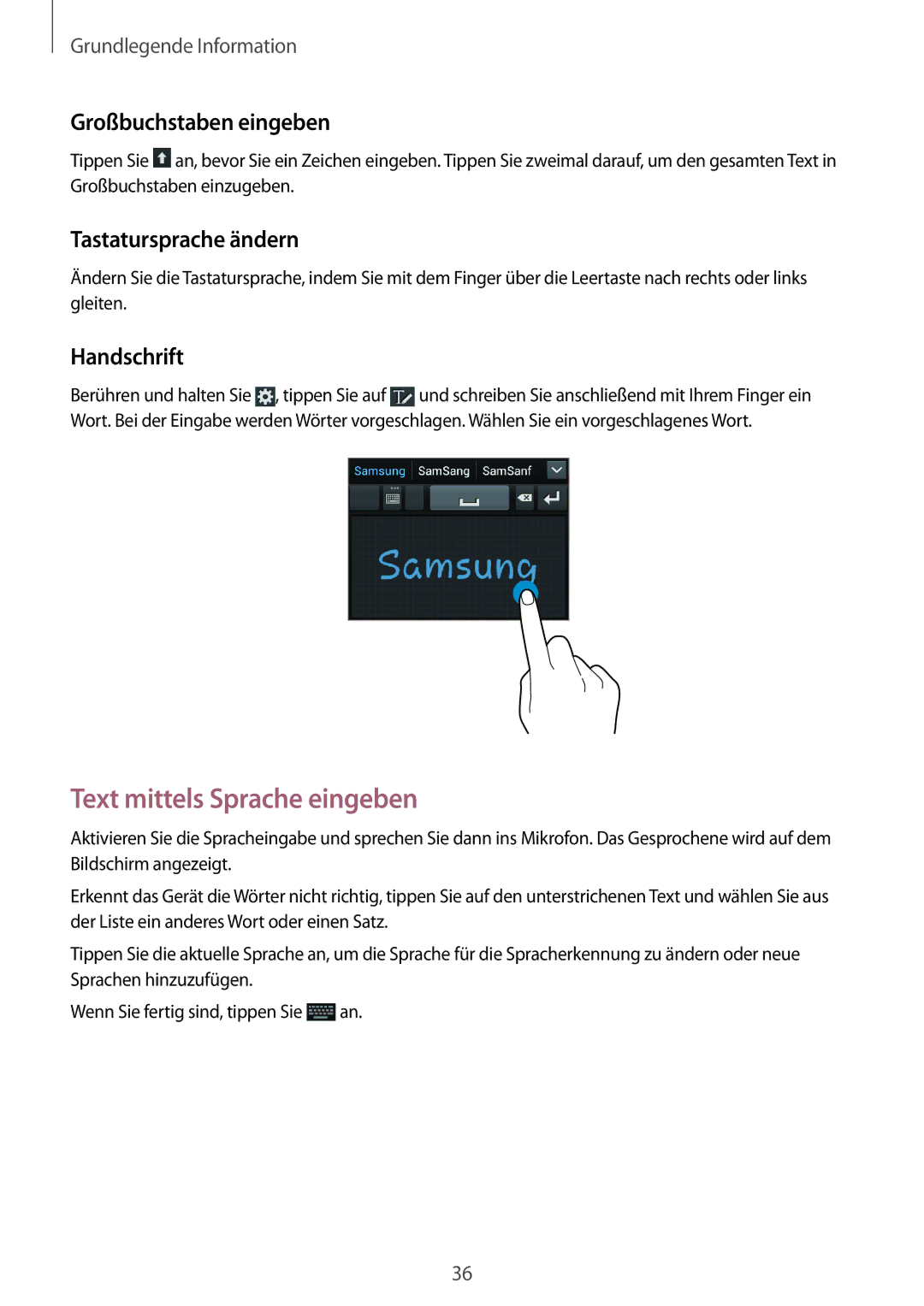 Samsung GT-I8190OKATUR manual Text mittels Sprache eingeben, Großbuchstaben eingeben, Tastatursprache ändern, Handschrift 