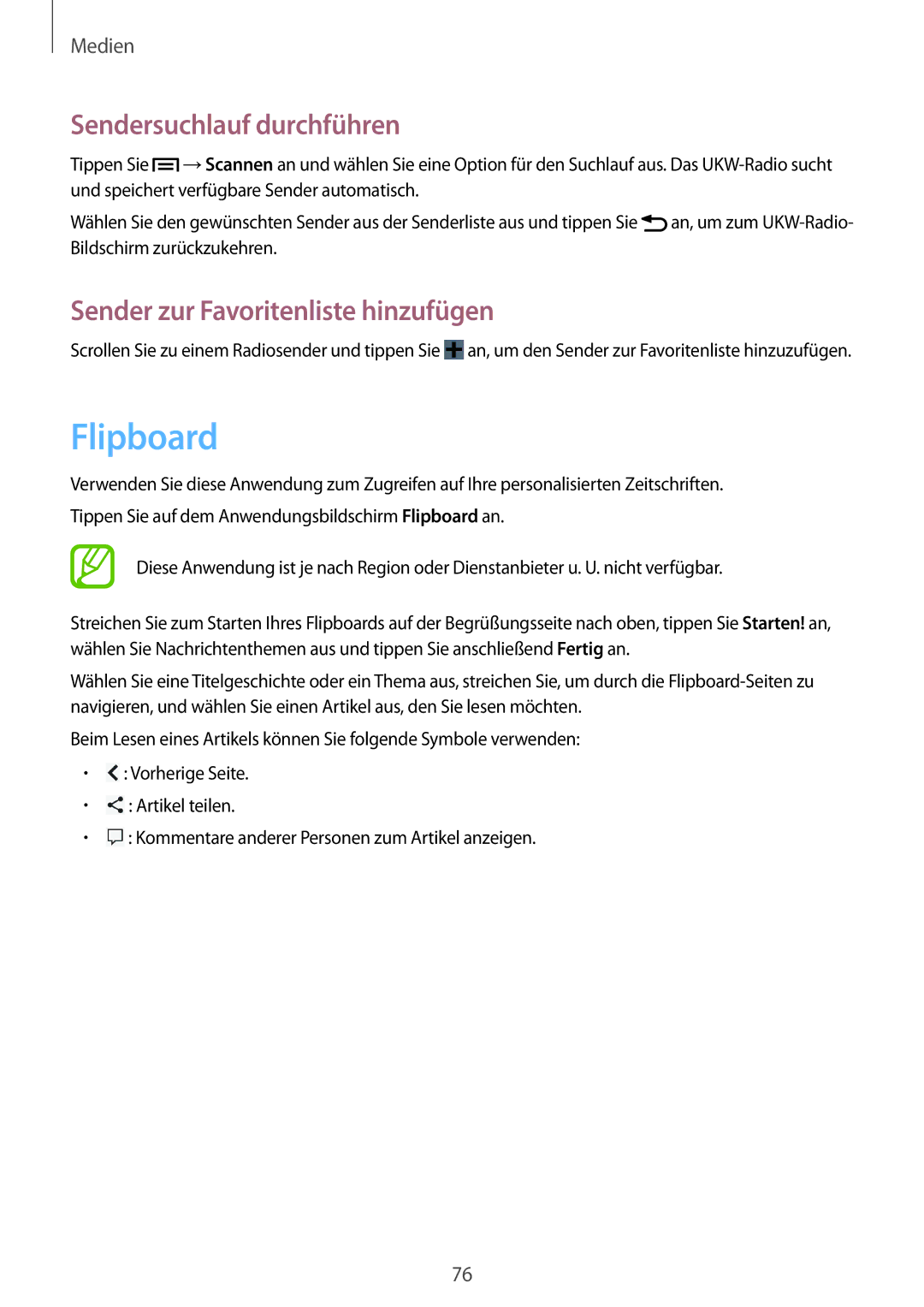 Samsung GT-I8190MBAXEO, GT-I8190RWNDTM manual Flipboard, Sendersuchlauf durchführen, Sender zur Favoritenliste hinzufügen 