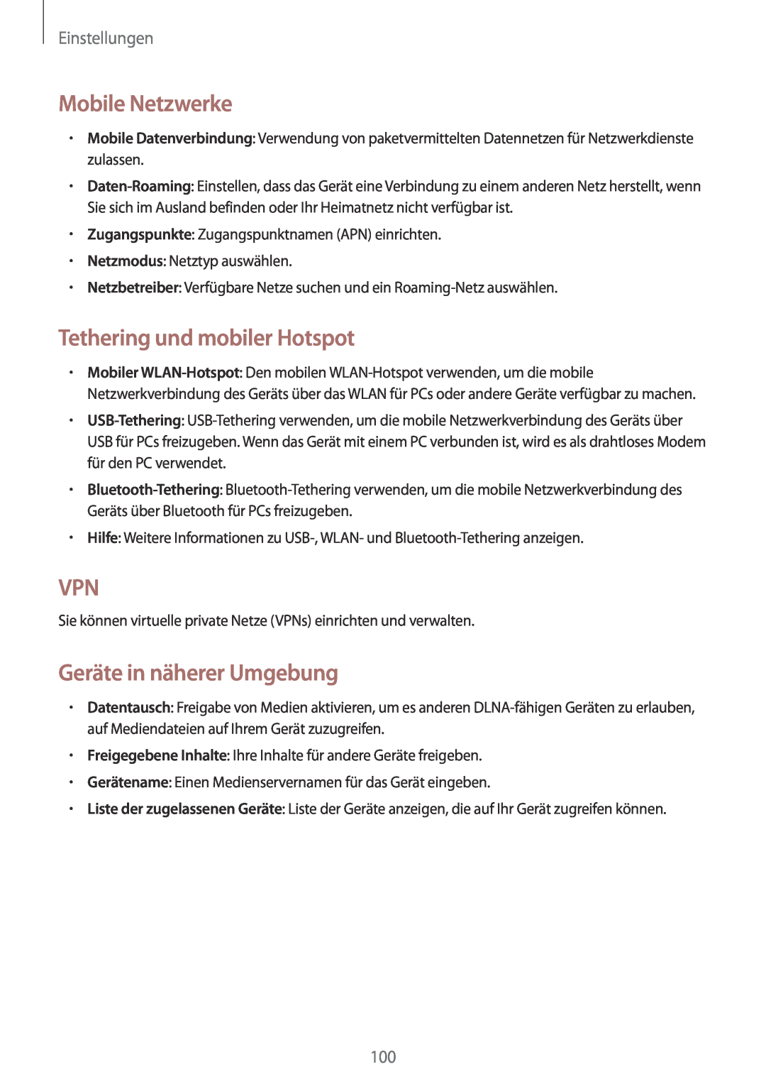 Samsung GT-I8190RWATPH manual Mobile Netzwerke, Tethering und mobiler Hotspot, Geräte in näherer Umgebung, Einstellungen 