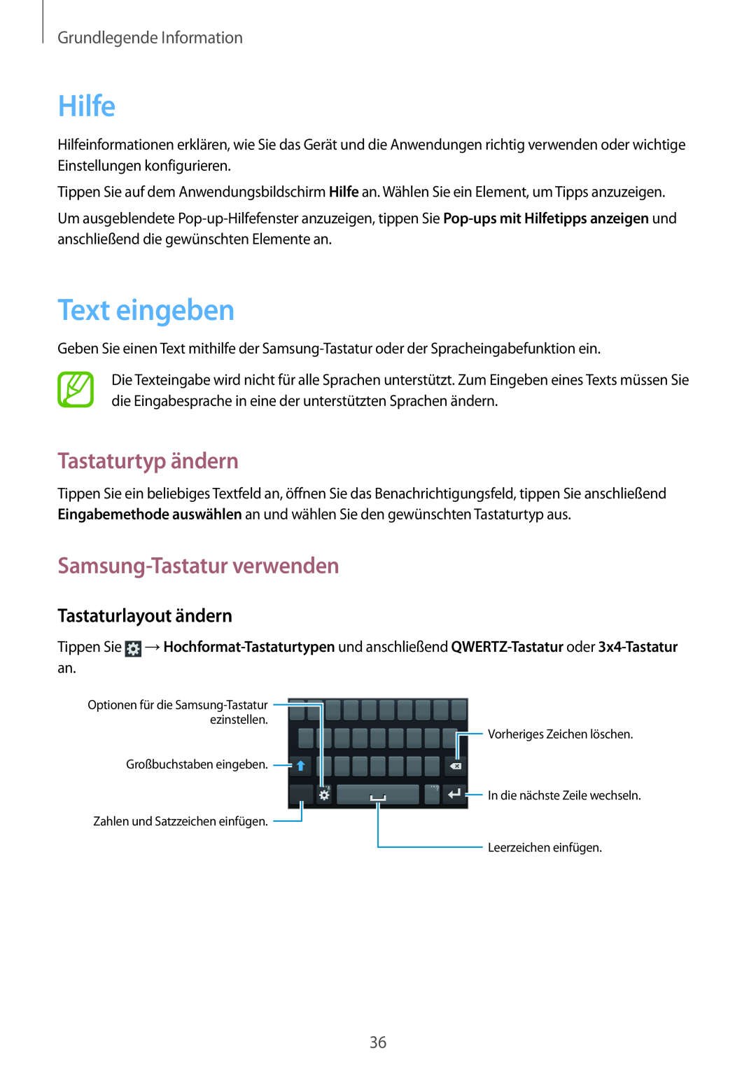 Samsung GT-I8190OKATUR manual Hilfe, Text eingeben, Tastaturtyp ändern, Samsung-Tastatur verwenden, Tastaturlayout ändern 