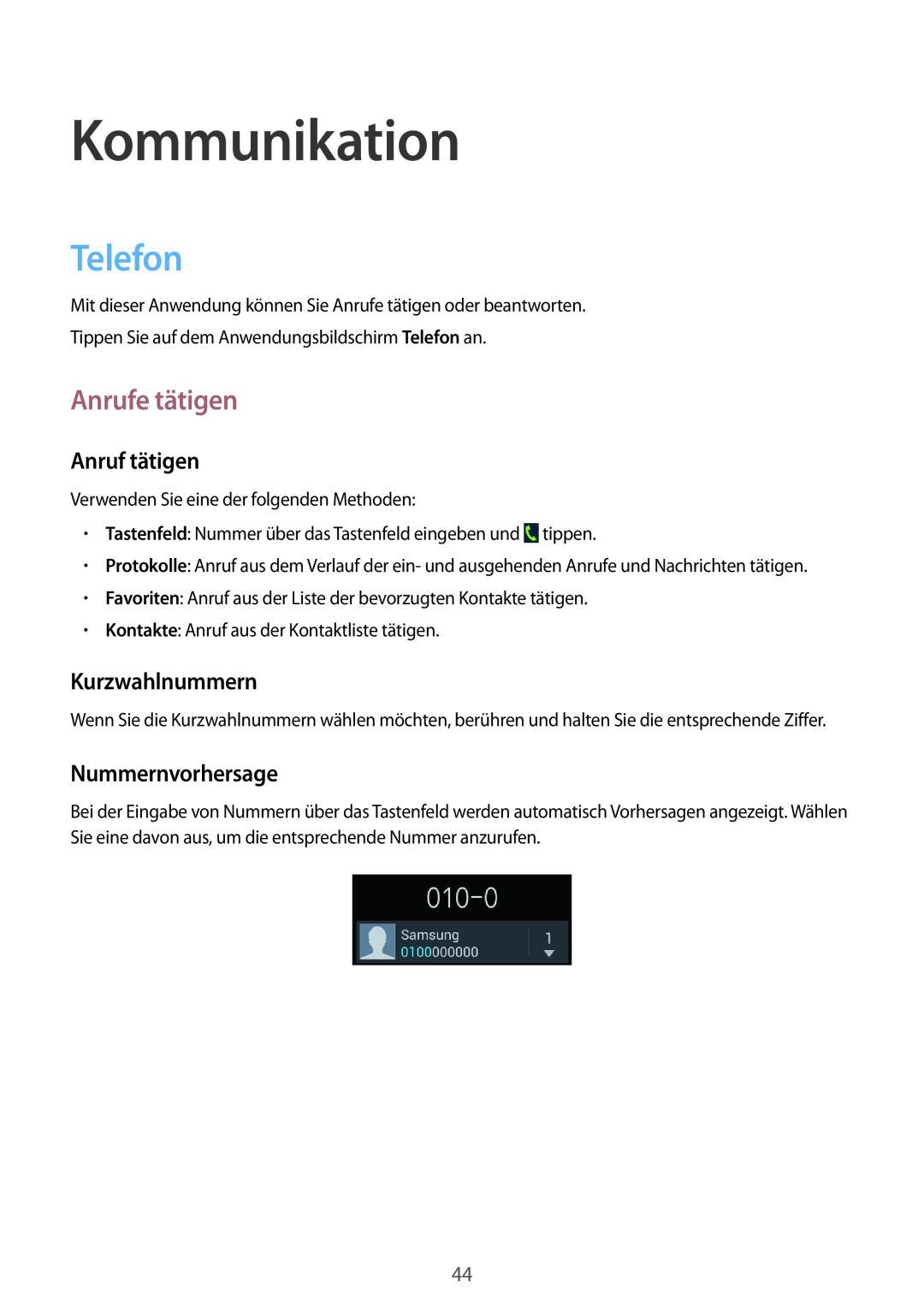 Samsung GT-I8190RWAATO manual Kommunikation, Telefon, Anrufe tätigen, Anruf tätigen, Kurzwahlnummern, Nummernvorhersage 
