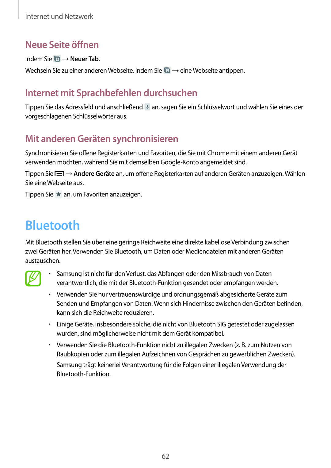 Samsung GT-I8190MBNDTM manual Bluetooth, Mit anderen Geräten synchronisieren, Neue Seite öffnen, Internet und Netzwerk 