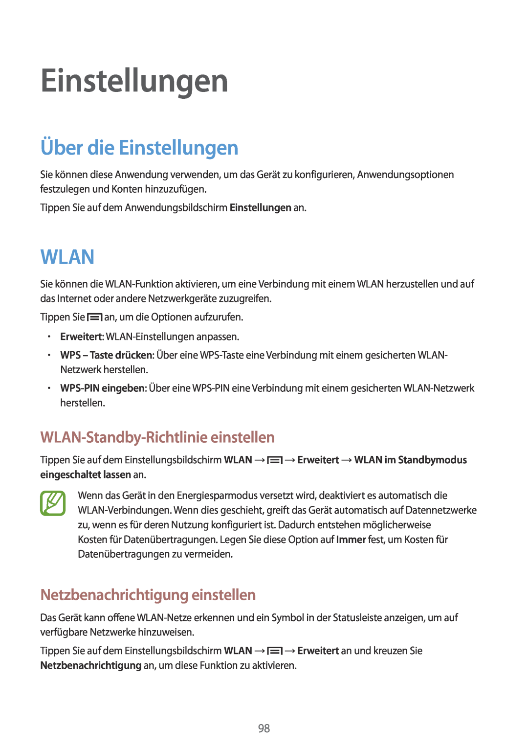 Samsung GT-I8190RWNDTM manual Über die Einstellungen, Wlan, WLAN-Standby-Richtlinie einstellen, eingeschaltet lassen an 