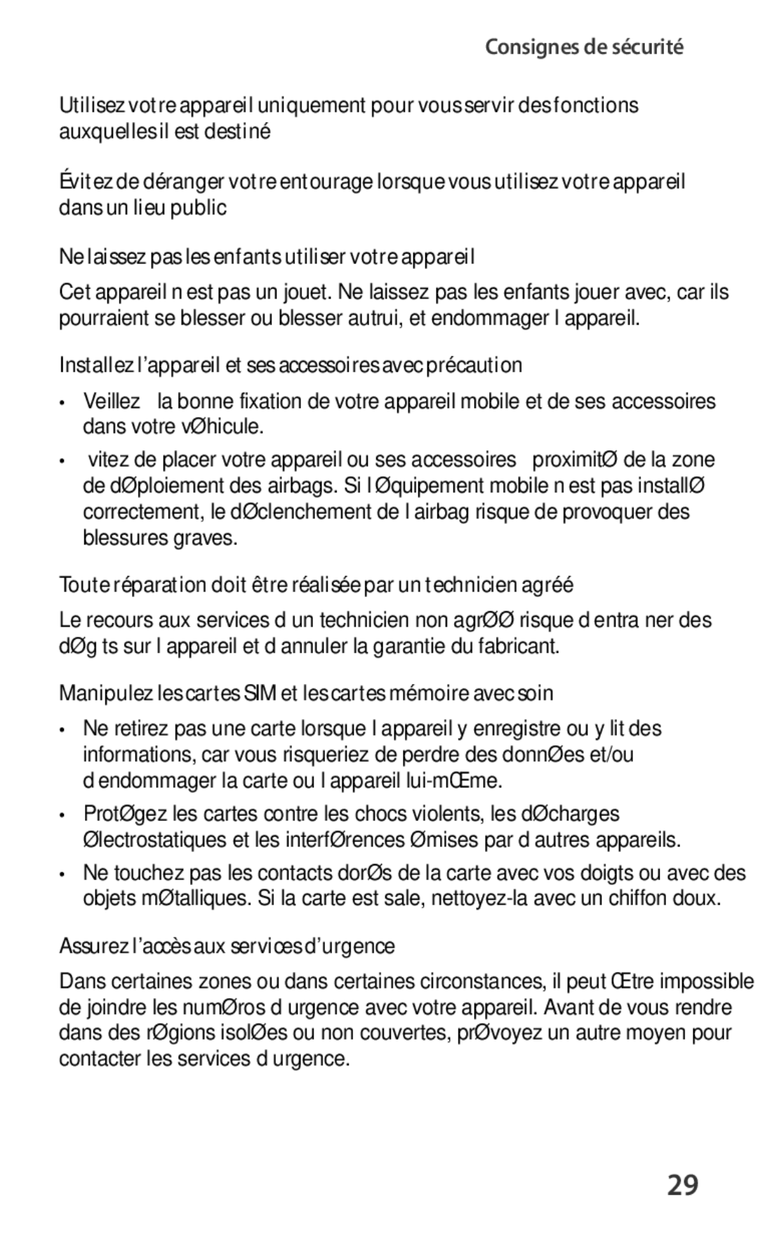 Samsung GT-I8190RWNLPM Installez l’appareil et ses accessoires avec précaution, Assurez l’accès aux services d’urgence 