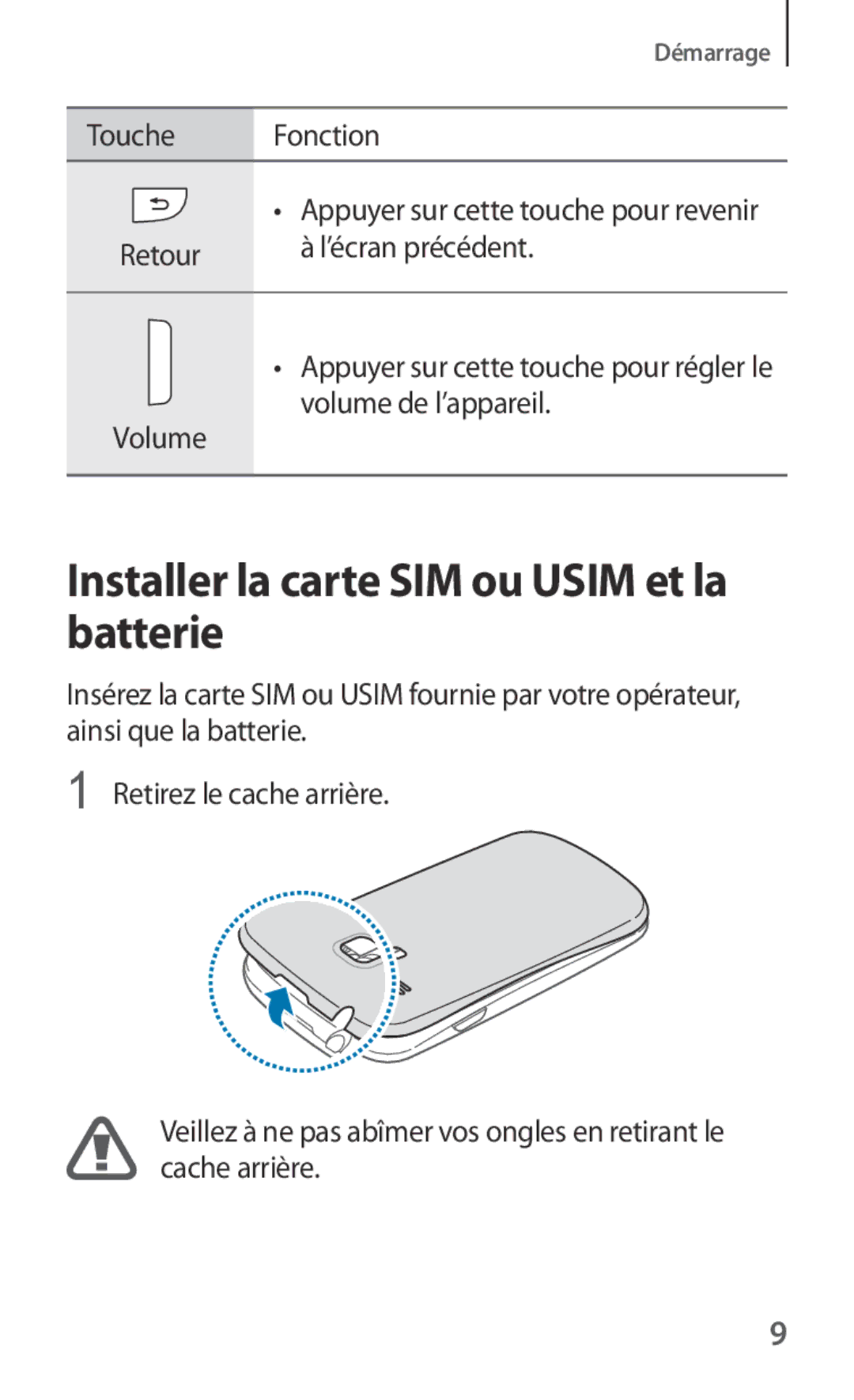 Samsung GT-I8190MBNSFR, GT-I8190RWNNRJ, GT-I8190RWNLPM, GT-I8190TANFTM manual Installer la carte SIM ou Usim et la batterie 