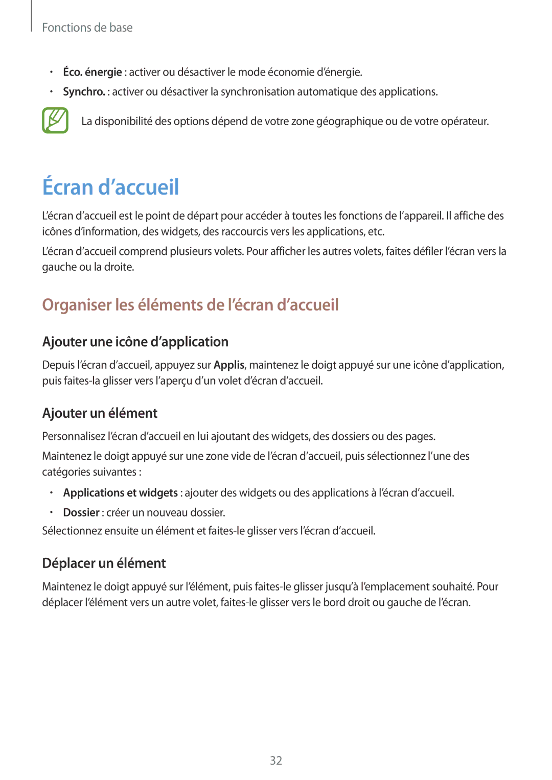 Samsung GT-I8190RWNFTM manual Écran d’accueil, Organiser les éléments de l’écran d’accueil, Ajouter une icône d’application 