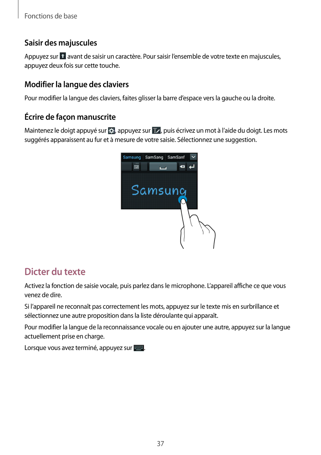 Samsung GT-I8190MBNSFR Dicter du texte, Saisir des majuscules, Modifier la langue des claviers, Écrire de façon manuscrite 