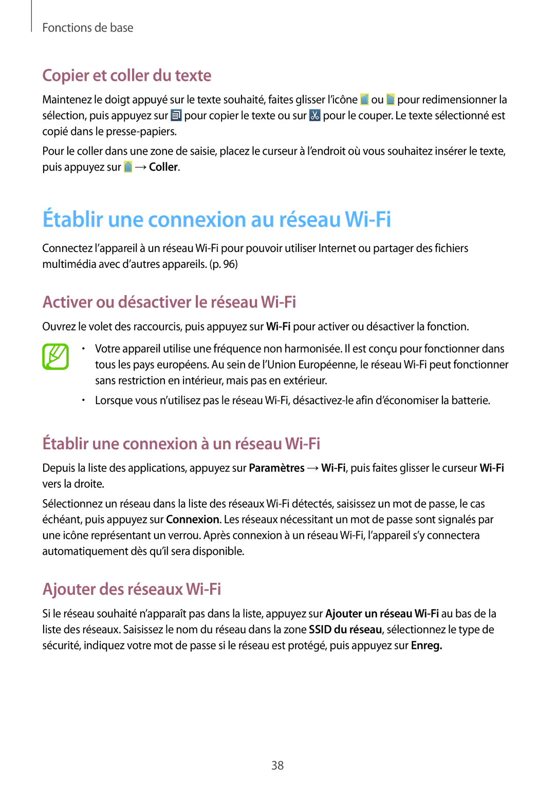 Samsung GT-I8190TANFTM manual Établir une connexion au réseau Wi-Fi, Copier et coller du texte, Ajouter des réseaux Wi-Fi 