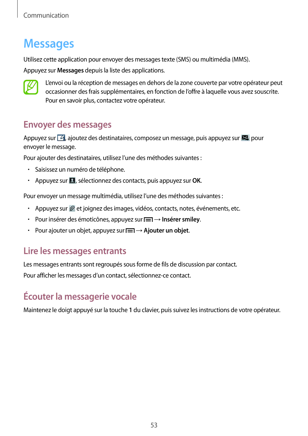 Samsung GT-I8190RWNFTM manual Messages, Envoyer des messages, Lire les messages entrants, Écouter la messagerie vocale 