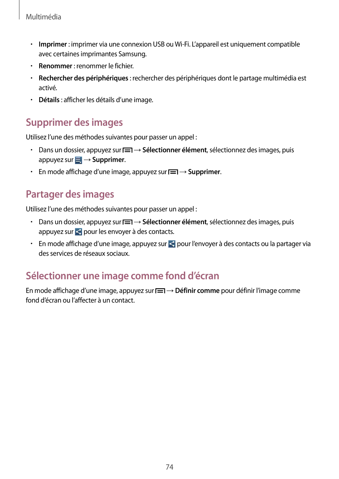 Samsung GT-I8190RWNFTM manual Supprimer des images, Partager des images, Sélectionner une image comme fond d’écran 