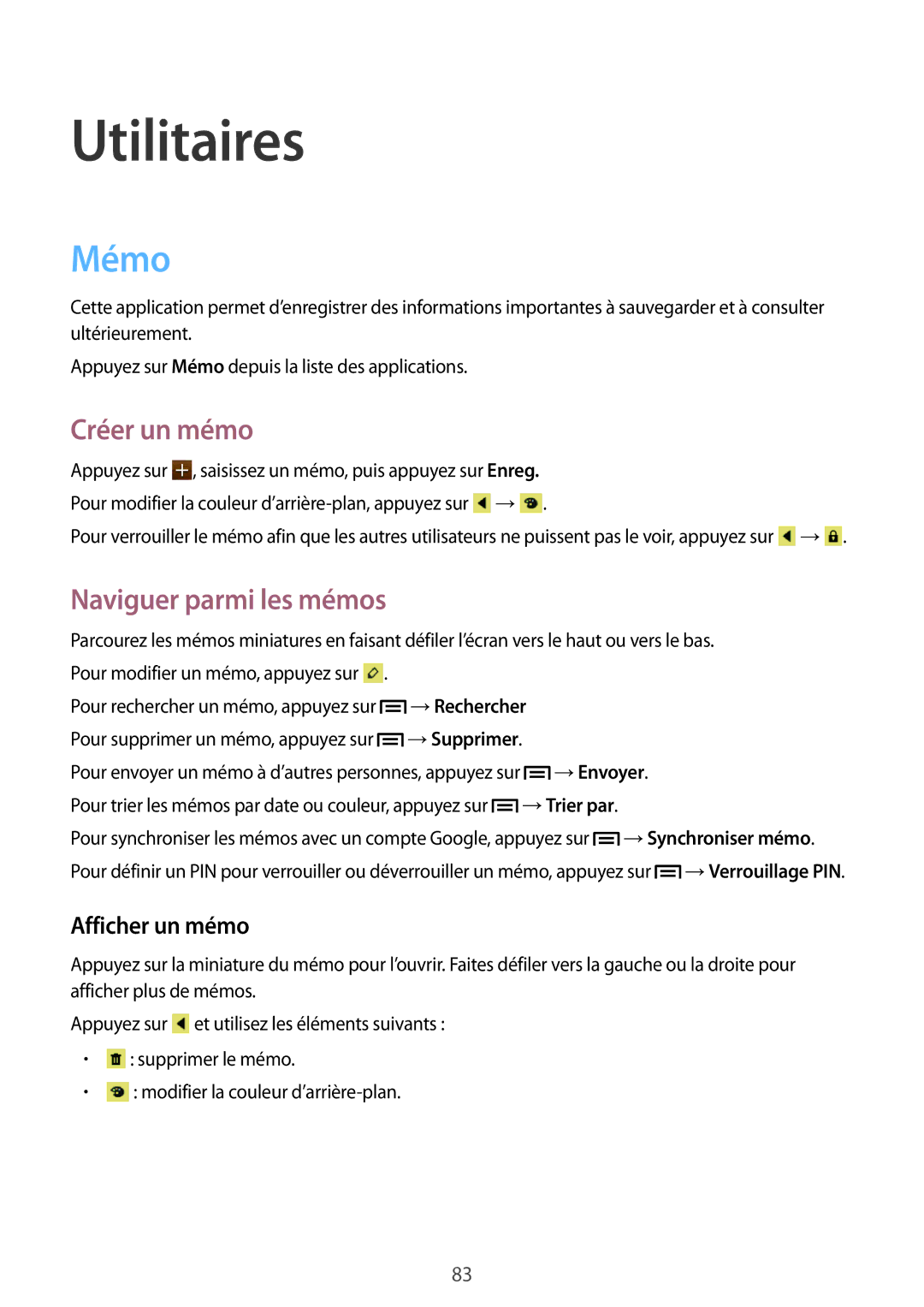 Samsung GT-I8190MBNNRJ, GT-I8190RWNNRJ manual Utilitaires, Mémo, Créer un mémo, Naviguer parmi les mémos, Afficher un mémo 