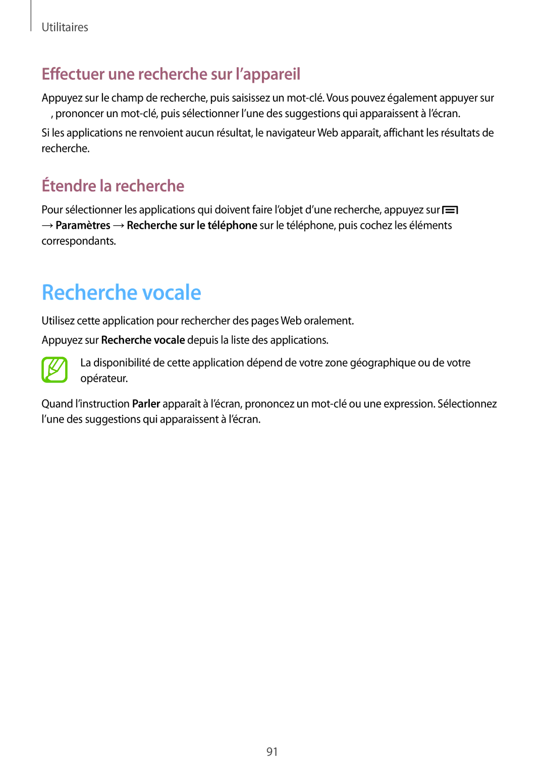 Samsung GT-I8190RWNNRJ, GT-I8190RWNLPM manual Recherche vocale, Effectuer une recherche sur l’appareil, Étendre la recherche 