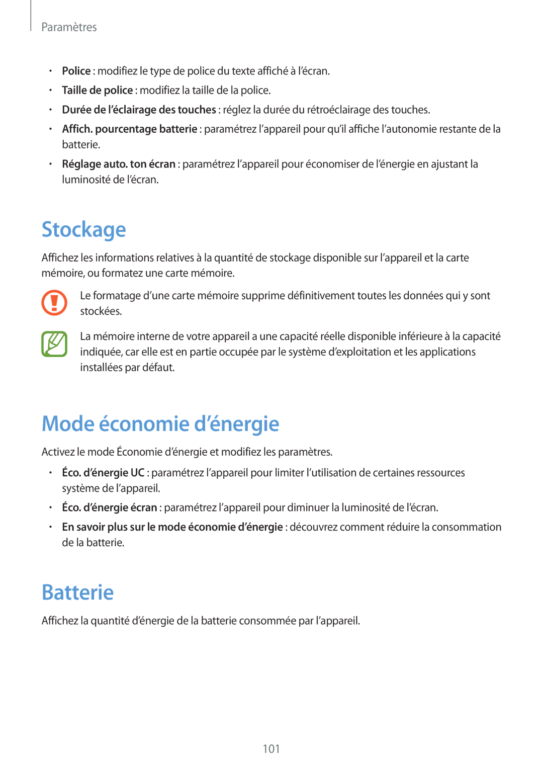 Samsung GT-I8190TANFTM, GT-I8190RWNNRJ, GT-I8190RWNLPM, GT-I8190MBNSFR manual Stockage, Mode économie d’énergie, Batterie 