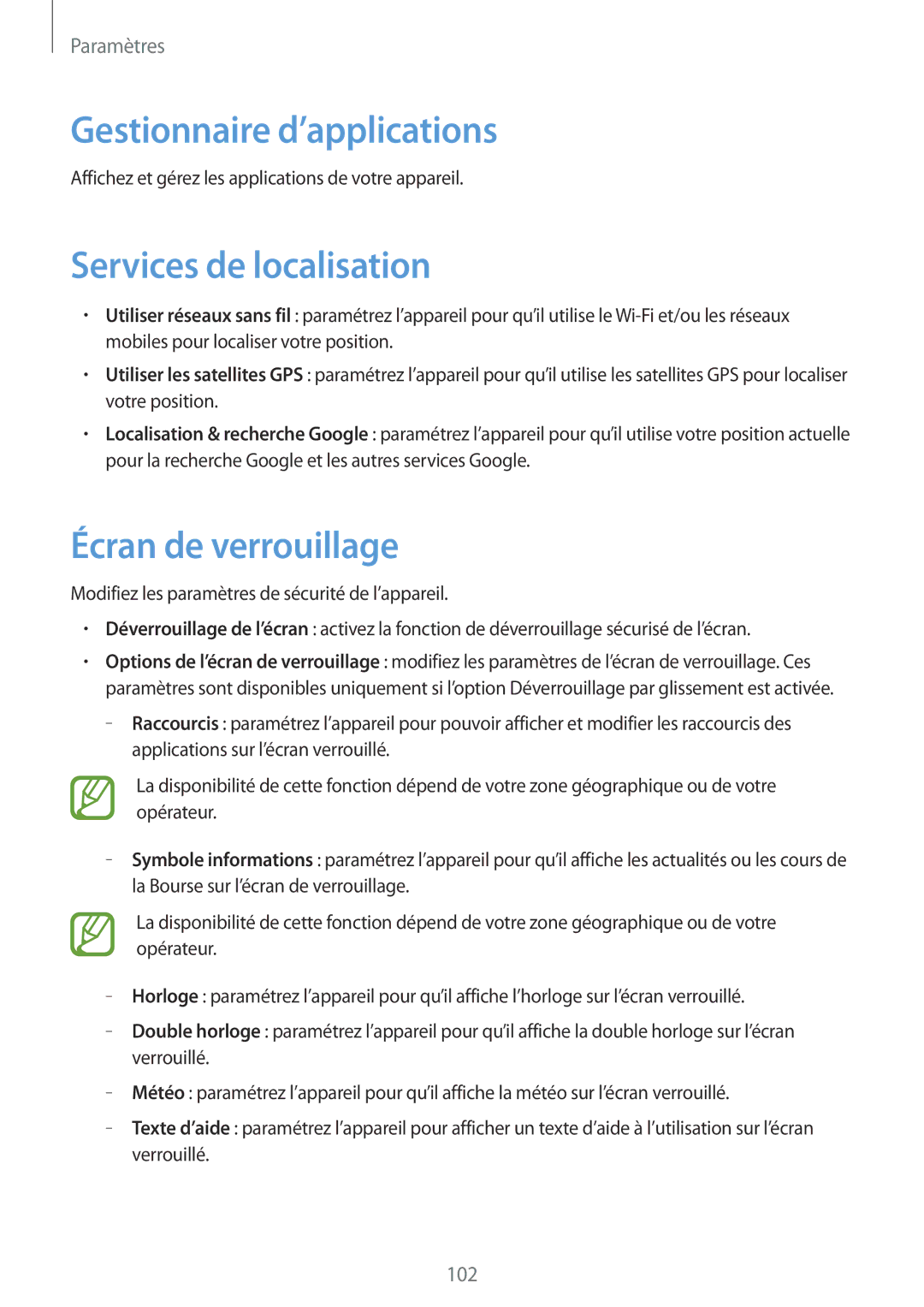 Samsung GT-I8190RWNFTM, GT-I8190RWNNRJ manual Gestionnaire d’applications, Services de localisation, Écran de verrouillage 