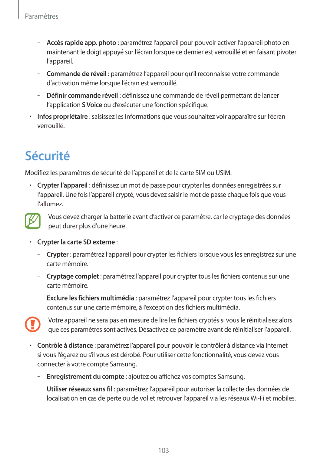 Samsung GT-I8190RWNSFR, GT-I8190RWNNRJ, GT-I8190RWNLPM, GT-I8190MBNSFR, GT-I8190TANFTM Sécurité, Crypter la carte SD externe 